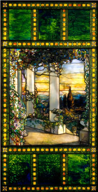 Louis C. Tiffany Hinds House Stained Glass Window c.1900 Showing tall white porch columns with all different colored flowers and vines looking out to a sunset with yellow and green border Photo courtesy Cleveland Museum of Art