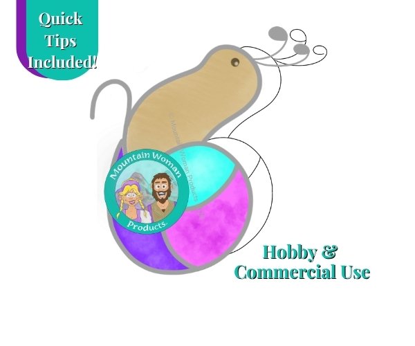 Snail Pot Hugger Stained Glass Pattern for hanging on plant pots with a tan body and a purple aqua and pink shell for hobby or commercial use and the Mountain Woman Products logo