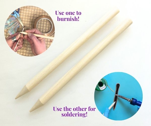 Fidgjamajiggit fid and soldering helper for stained glass mountain woman products showing two sharpened wooden dowels