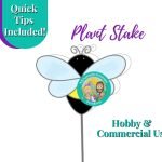 Bee Plant Stake showing black and yellow bee with light blue transparent wings on a stake with mountain woman products logo