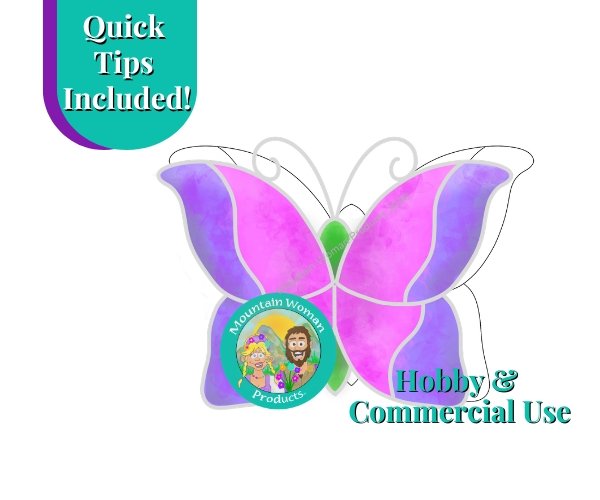 Beginner butterfly stained glass pattern showing colored version with purple and pink wings with a green body and the mountain woman products logo