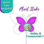 Butterfly in Flight Plant Stake Pattern in dark pink with antennae and the mountain woman products logo