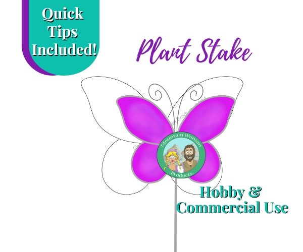 Butterfly in Flight Plant Stake Pattern in dark pink with antennae and the mountain woman products logo