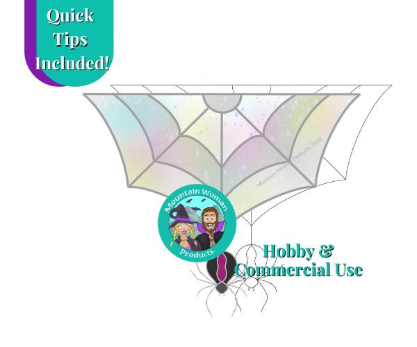 Convertible Spider & Web Halloween Stained Glass Pattern with a grey and white spiderweb and a black and red spider hanging from it that can be removed and hung separately and the Mountain Woman Products logo showing a blonde girl in a witch outfit and bearded guy as a vampire