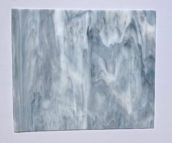 Designer Glass DG1043 Medium Grey & White Opal top shot showing the swirling streaks of grey and white together on a white background at the mountain woman products studio