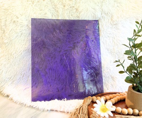 Designer Glass Light Lavender Fusible Stained Glass Sheet showing a bluey purple cathedral glass in front of a white background at the Mountain Woman Products studio