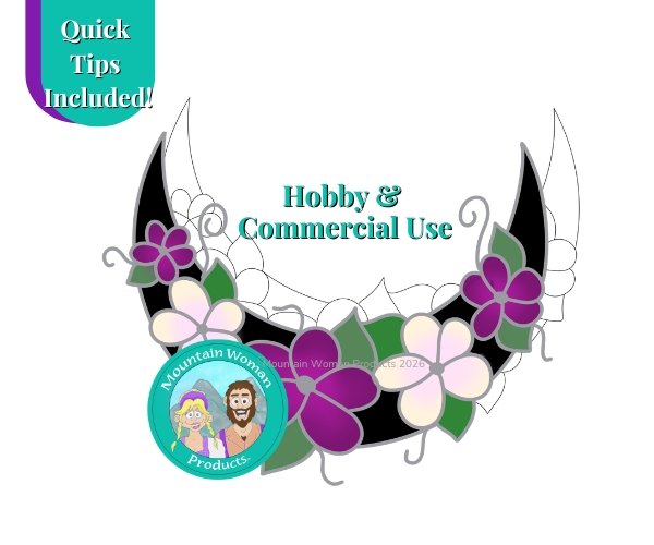 Flower Crescent Moon With a black moon and flowers in wine and cream with green leaves with the Mountain Woman Products logo