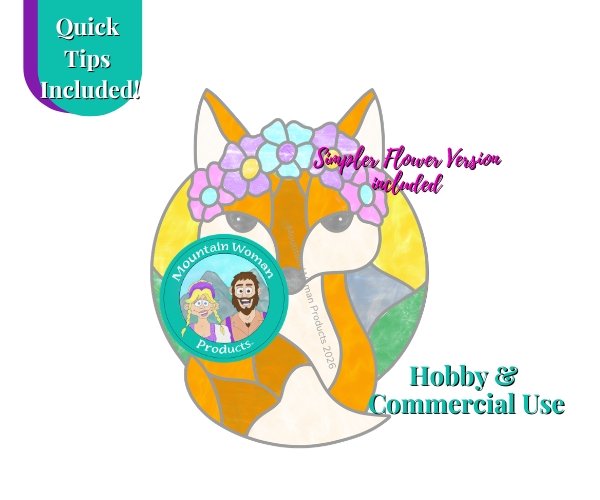 Flower Crown Fox Stained Glass Pattern template with a colored version as well showing orange and dark amber fox with pastel flower crown on head with the mountain woman products logo