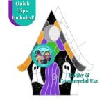 Halloween Ghost House Stained Glass Pattern with white ghost shaped windows and a purple ghost shaped door with a crescent moon window in the attic from the Mountain Woman products studio