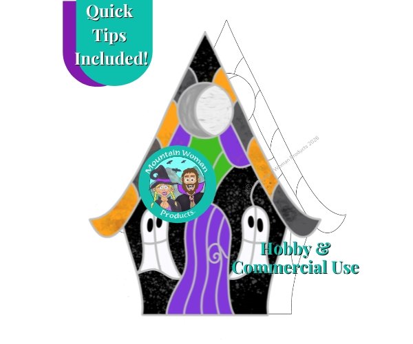 Halloween Ghost House Stained Glass Pattern with white ghost shaped windows and a purple ghost shaped door with a crescent moon window in the attic from the Mountain Woman products studio