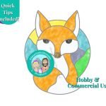 Mountain Fox stained glass pattern with a mountain sky and sun in the background and a orange and amber and white fox in the foreground with the mountain woman products logo