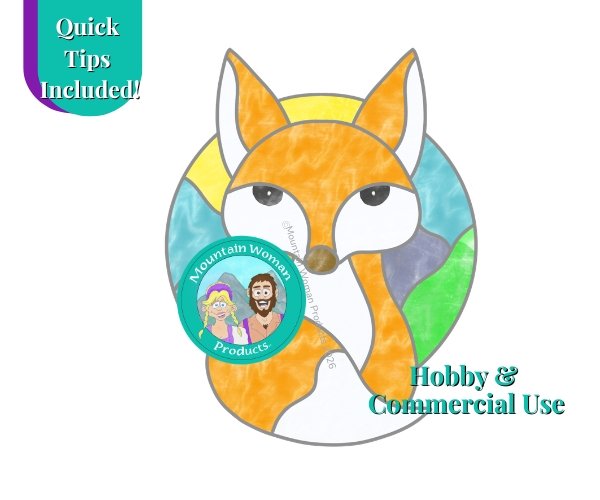 Mountain Fox stained glass pattern with a mountain sky and sun in the background and a orange and amber and white fox in the foreground with the mountain woman products logo