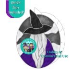 Night Sky Witch stained glass pattern showing witch from back with hat long hair and cloak in front of a night sky and the mountain woman products logo with the characters dressed up as a witch and a vampire