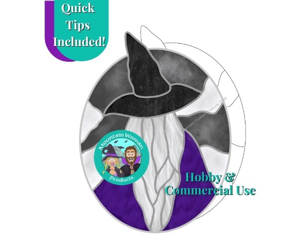 Night Sky Witch stained glass pattern showing witch from back with hat long hair and cloak in front of a night sky and the mountain woman products logo with the characters dressed up as a witch and a vampire