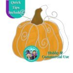 Pumpkin Fall Halloween Stained Glass Pattern with an orange pumpkin with a brown stem and silver wirework curly vines and the Mountain Woman Products logo showing a blonde girl in a witch outfit and bearded guy as a vampire