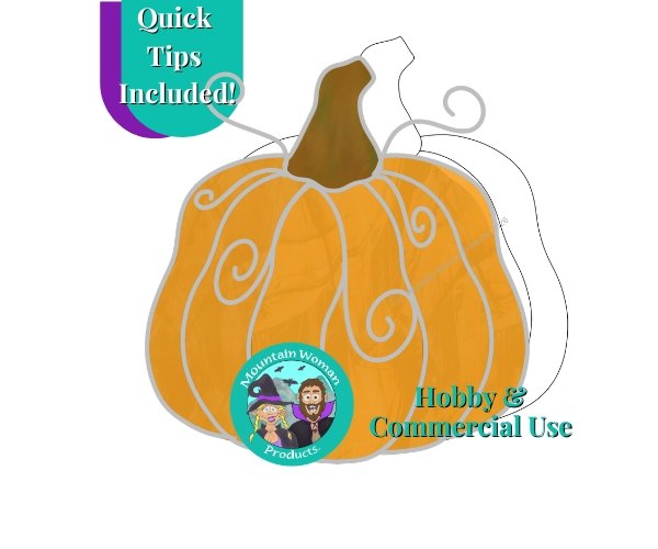 Pumpkin Fall Halloween Stained Glass Pattern with an orange pumpkin with a brown stem and silver wirework curly vines and the Mountain Woman Products logo showing a blonde girl in a witch outfit and bearded guy as a vampire