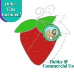 Scrappy sized red strawberry with three green leaves on top and curly wire hanger with the mountain woman products logo