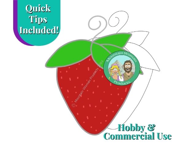 Scrappy sized red strawberry with three green leaves on top and curly wire hanger with the mountain woman products logo