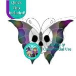 halloween skull butterfly stained glass pattern showing white skull inside and black and grey spiderwebbed butterfly body outside with the mountain woman products logo dressed up for halloween with a witch hat and a vampire