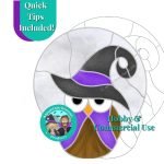 Witch Owl Halloween Stained Glass Pattern with a brown round owl with a black and purple witch hat and purple vest and the mountain woman products logo with a girl in a witch costume and bearded guy as a vampire