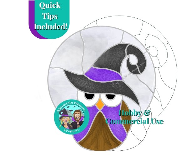 Witch Owl Halloween Stained Glass Pattern with a brown round owl with a black and purple witch hat and purple vest and the mountain woman products logo with a girl in a witch costume and bearded guy as a vampire