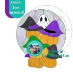Halloween Witch Pumpkin Pile showing a pile of pumpkins with witch hats stacked on top of each other and a ghost popping out the top and the mountain woman products logo with a blonde girl in a witch costume and a bearded guy as a vampire