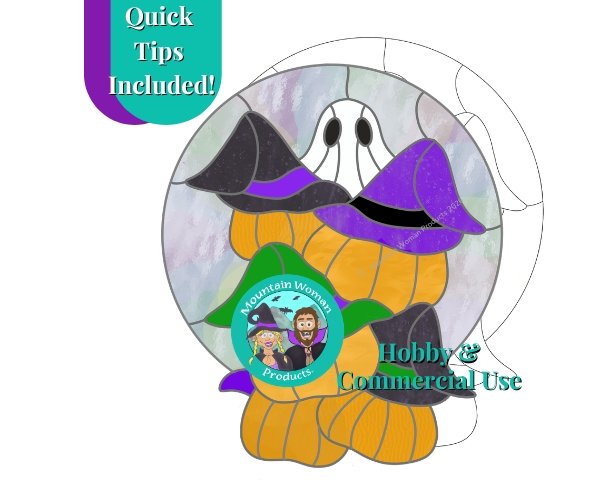 Halloween Witch Pumpkin Pile showing a pile of pumpkins with witch hats stacked on top of each other and a ghost popping out the top and the mountain woman products logo with a blonde girl in a witch costume and a bearded guy as a vampire
