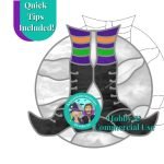 witch shoes in the moon stained glass pattern with black witch boots with silver laces green orange and purple stockings in front of a grey and white moon and the mountain woman products halloween logo with blonde witch and bearded vampire