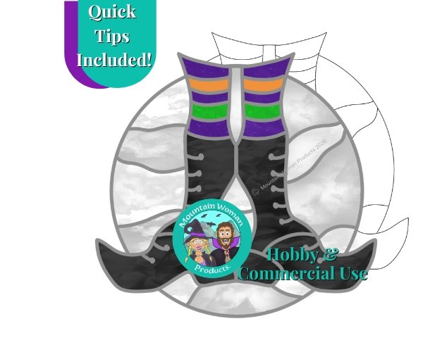 witch shoes in the moon stained glass pattern with black witch boots with silver laces green orange and purple stockings in front of a grey and white moon and the mountain woman products halloween logo with blonde witch and bearded vampire