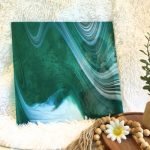 Oceanside Aurora Fuser's Reserve Limited Edition stained glass sheet teal transparent with white opal and pond aventurine subtle glitter swirls in the mountain woman products studio