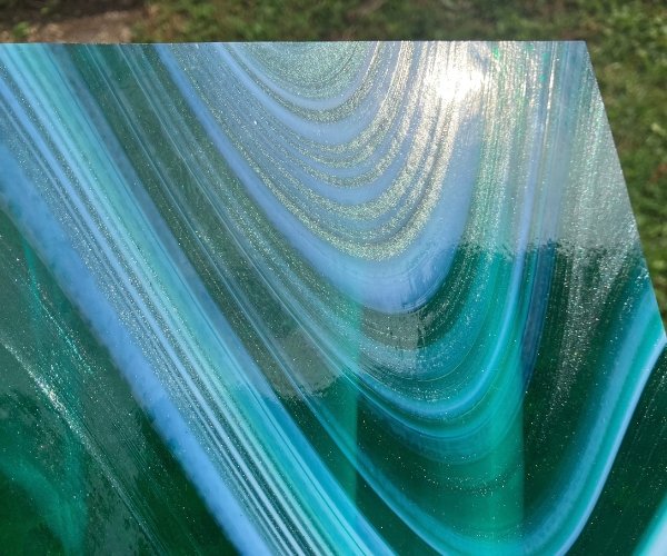 Oceanside Aurora Fuser's Reserve Limited Edition stained glass sheet teal transparent with white opal and pond aventurine subtle glitter swirls in the mountain woman products studio